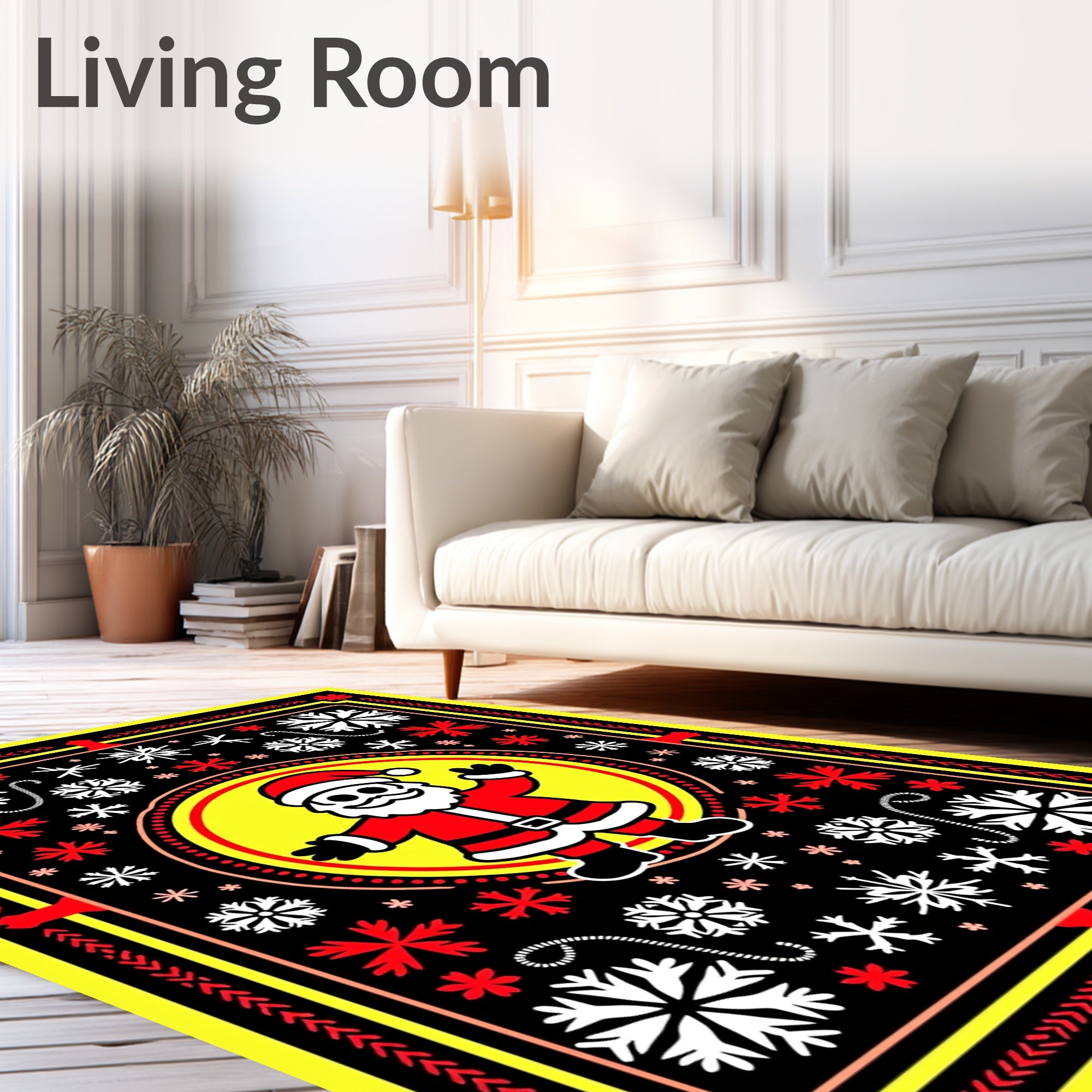 Festive Santa Red Yellow Snowflake Frame Rug
