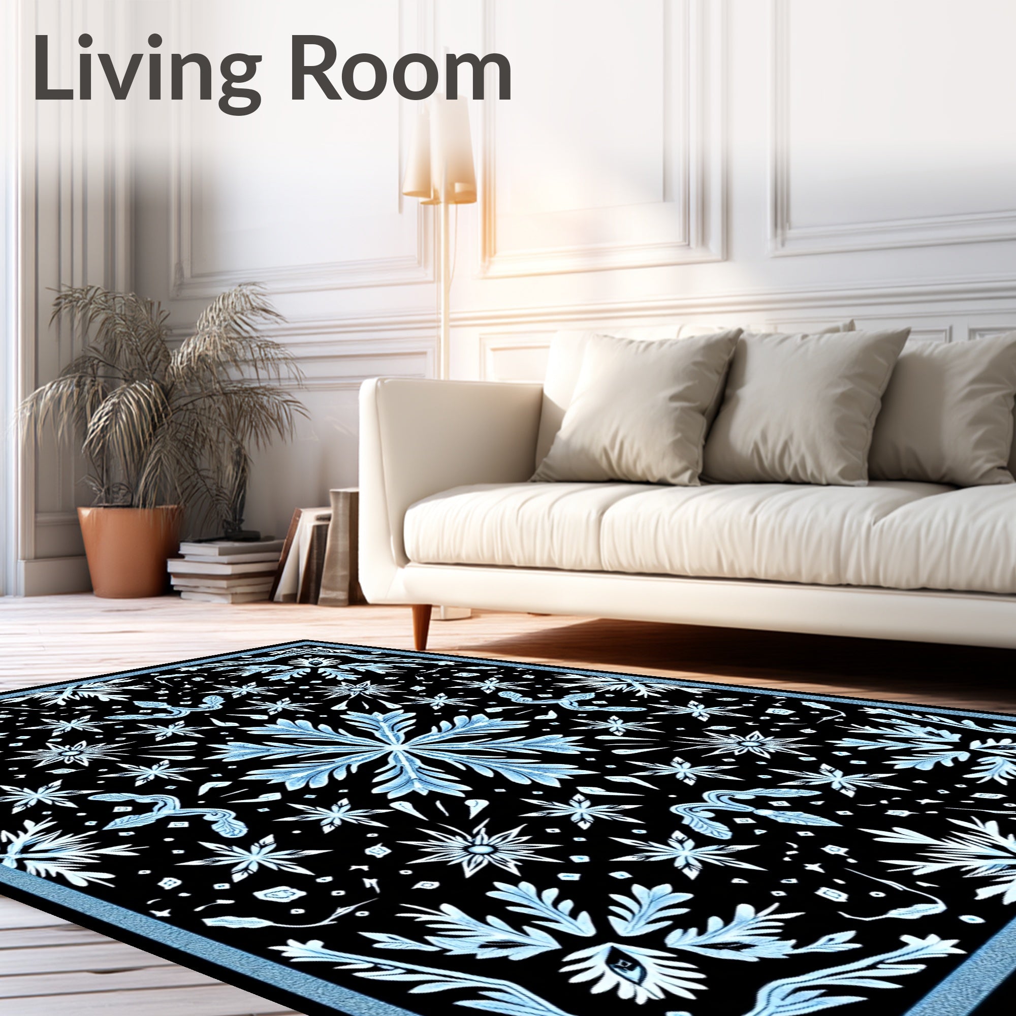 Black White Blue Symmetric Snowflakes Rug