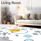 Whimsical Yellow Snowman Blue Snowflakes Rug