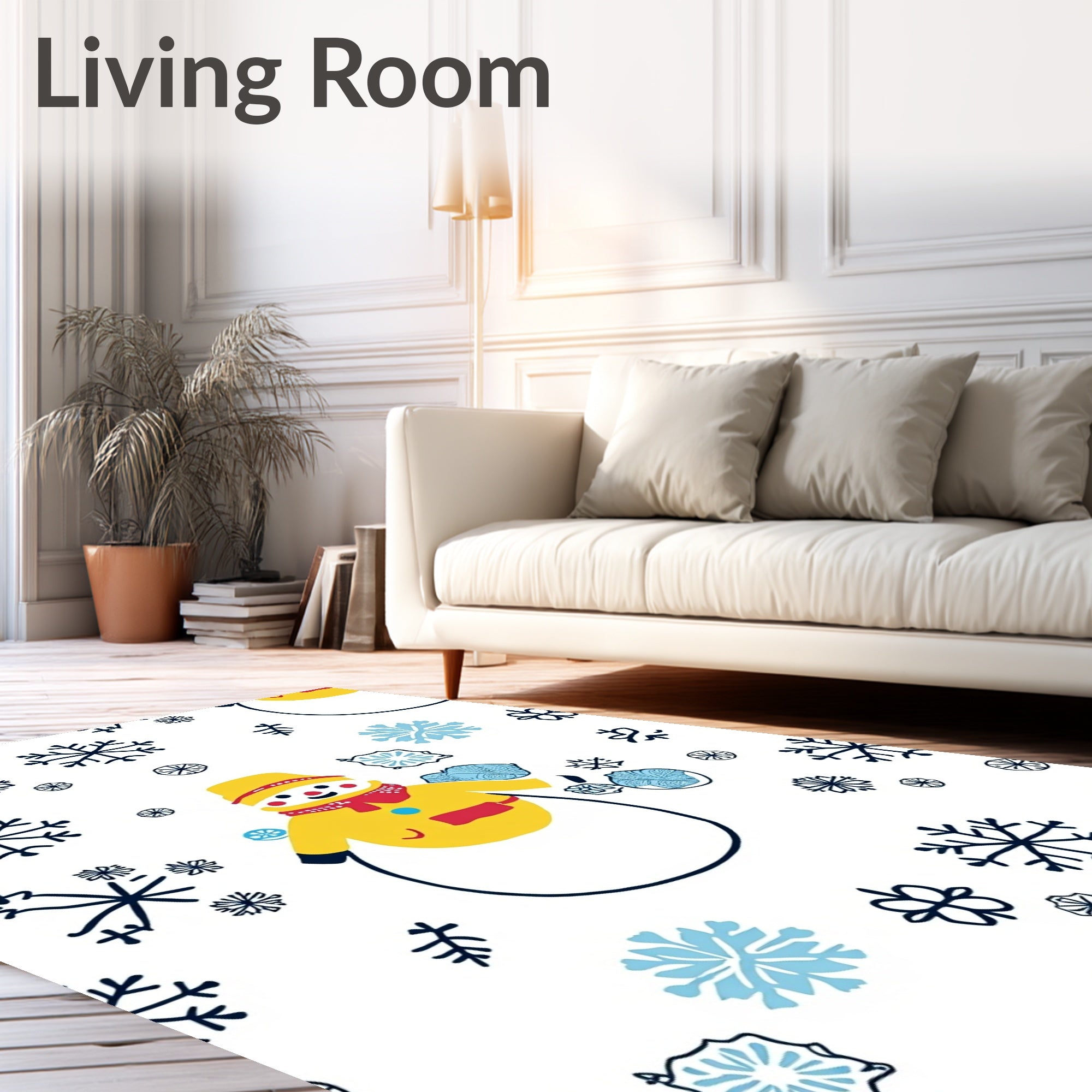Whimsical Yellow Snowman Blue Snowflakes Rug