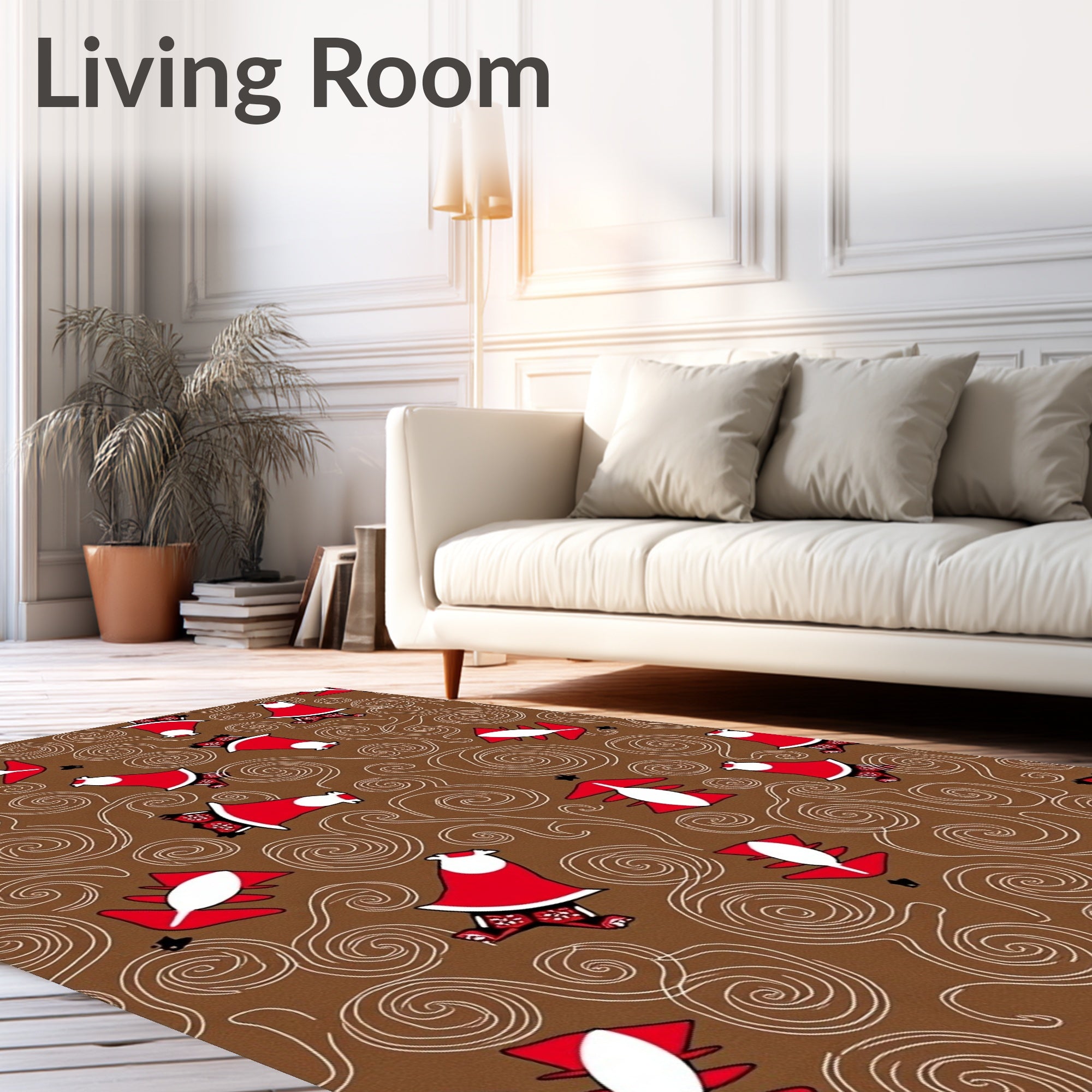 Red White Swirl Whimsical Christmas Figures Rug