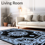Black Light Blue Floral Medallion Art Nouveau Rug