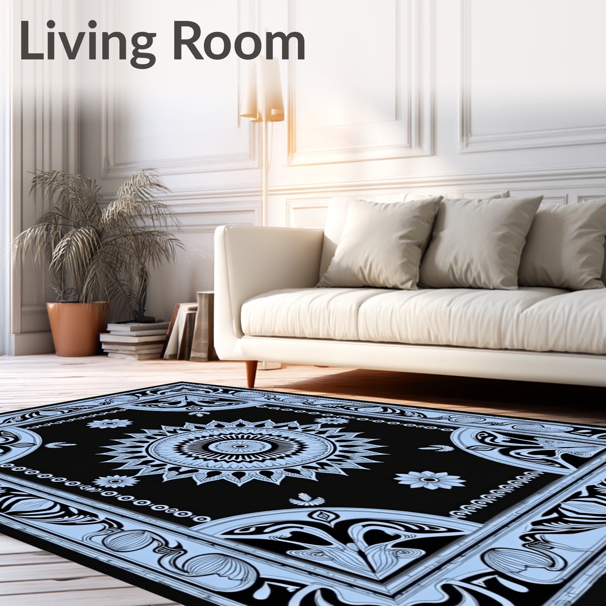 Black Light Blue Floral Medallion Art Nouveau Rug