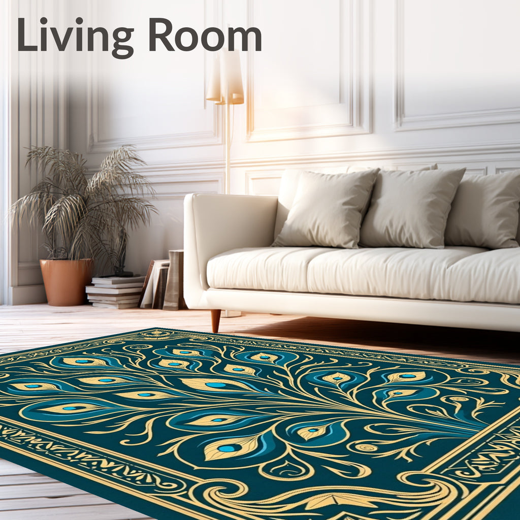 Teal Gold Feathered Fan Medallion Rug