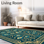 Teal Gold Feathered Fan Medallion Rug