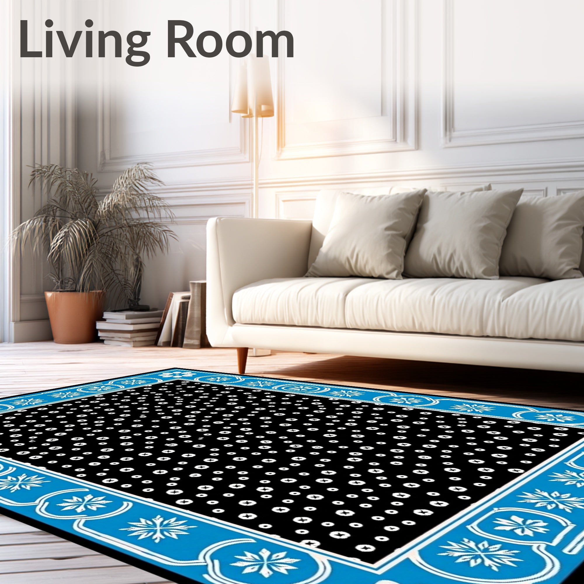 Blue White Floral Border Dots Rug