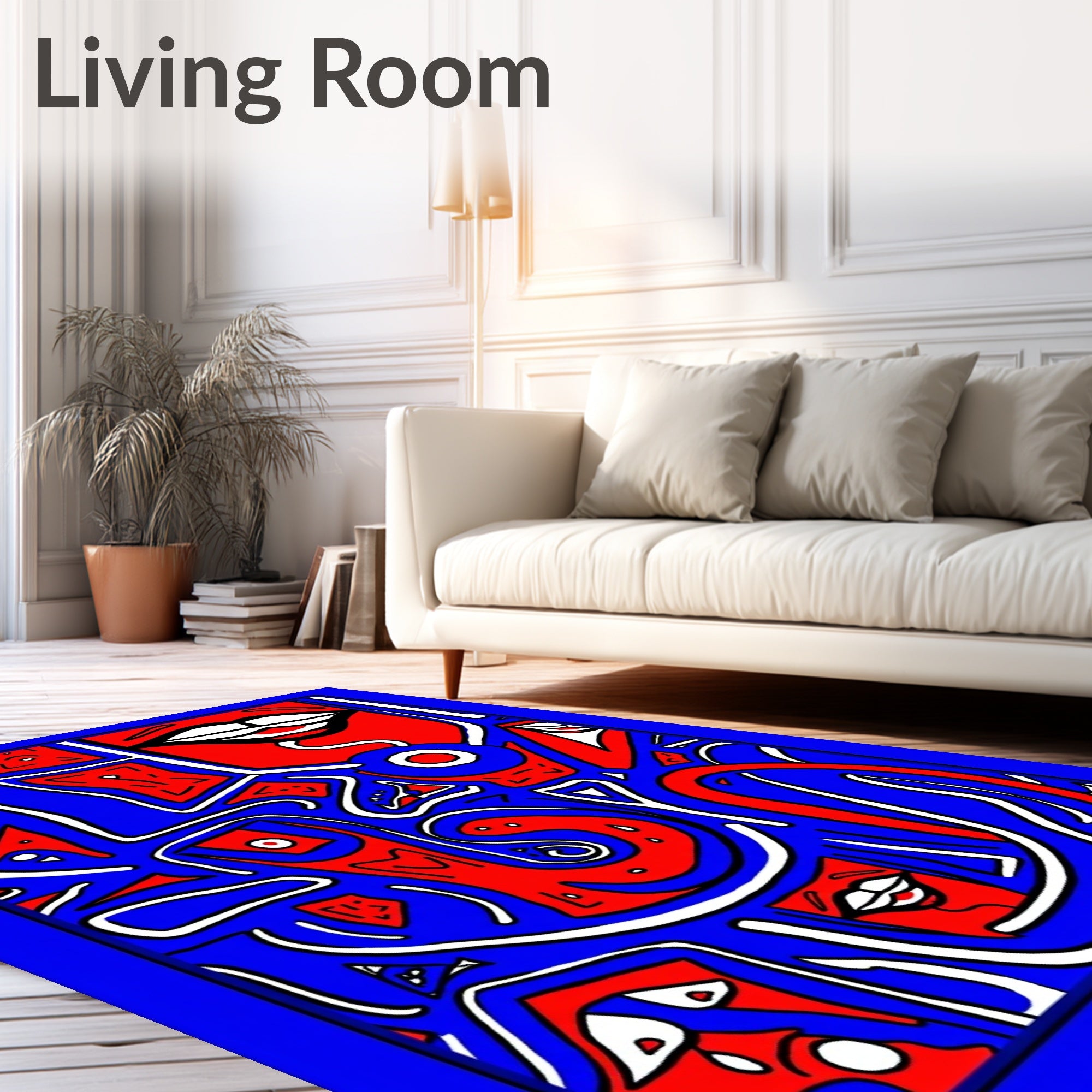 Bold Red Blue Abstract Jumbled Faces Rug