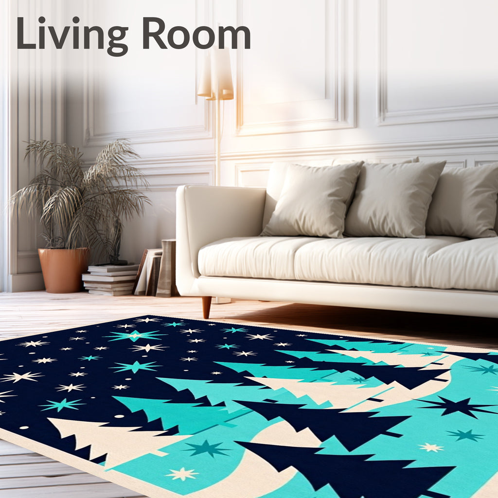 Midcentury Teal Starry Forest Scene Rug