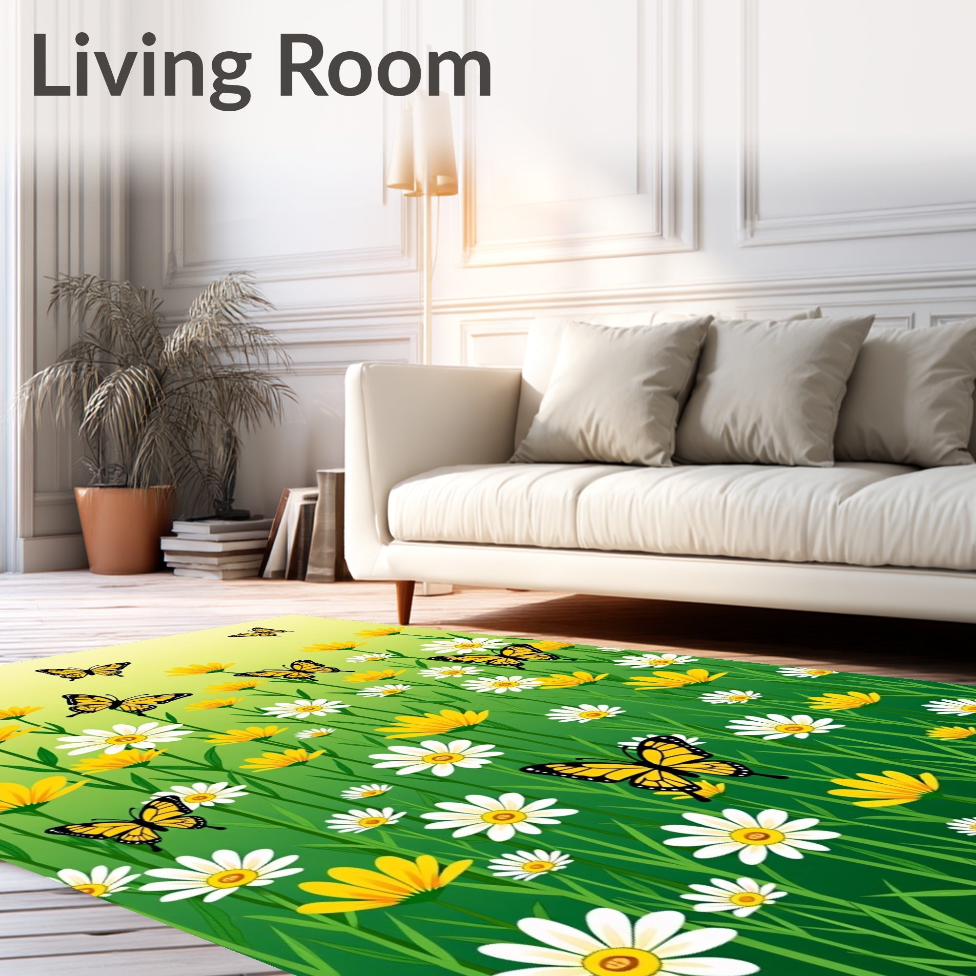 Whimsical Yellow Butterfly Meadow Rug
