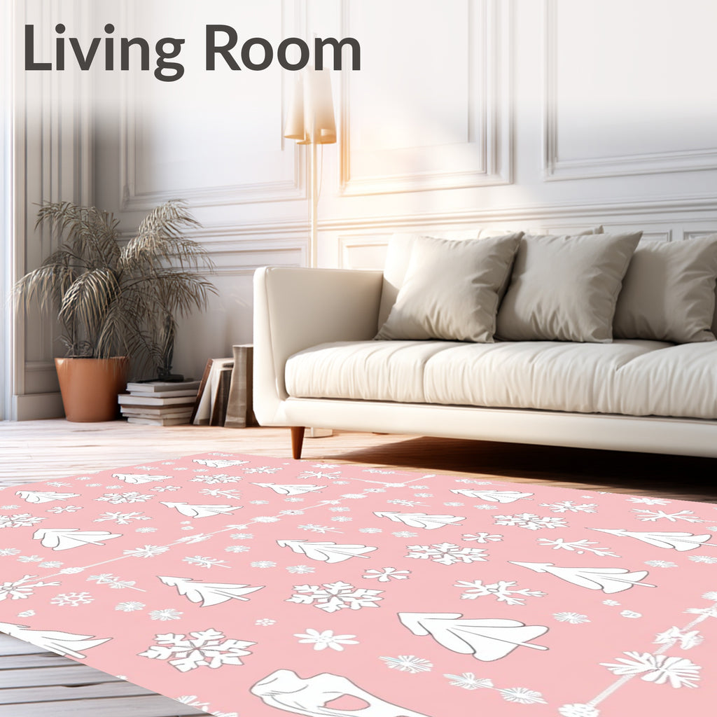 Winter White Trees Snowflakes Pink Background Rug