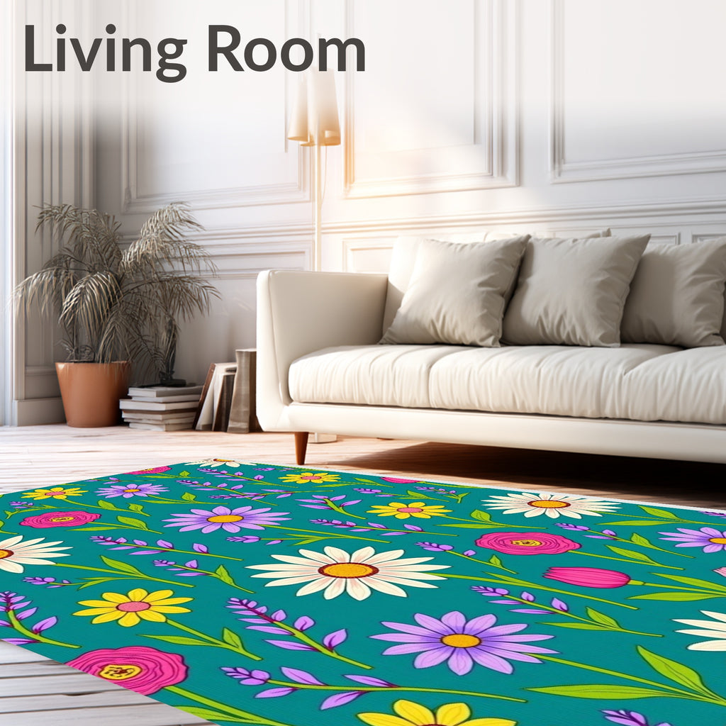 Whimsical Floral Garden Teal Rug