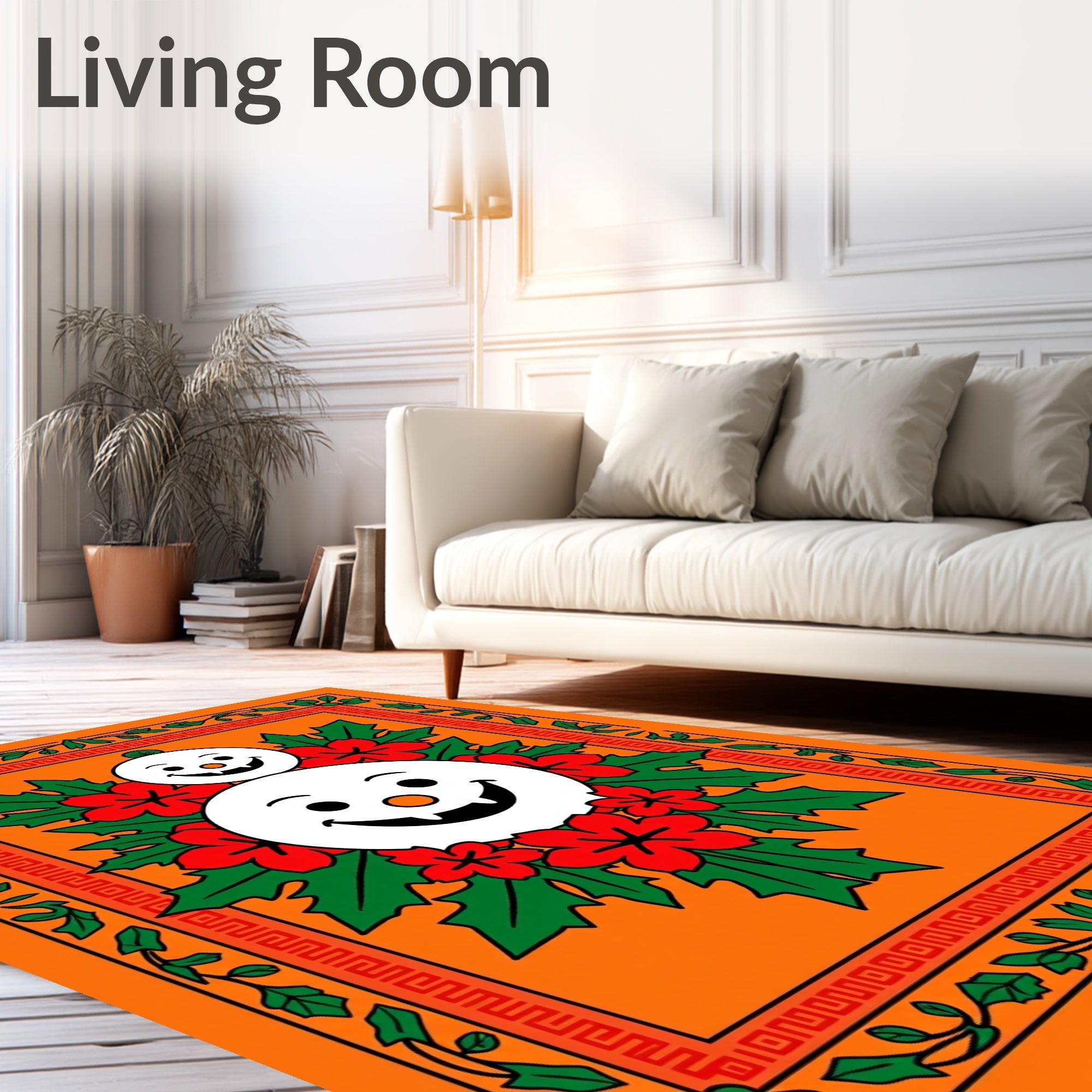 Whimsical Snowman Floral Holly Border Rug