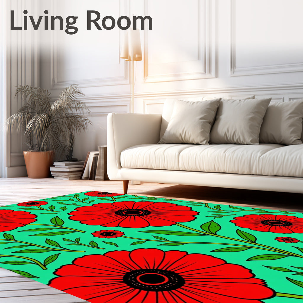Bold Red Flower Foliage Surface Rug