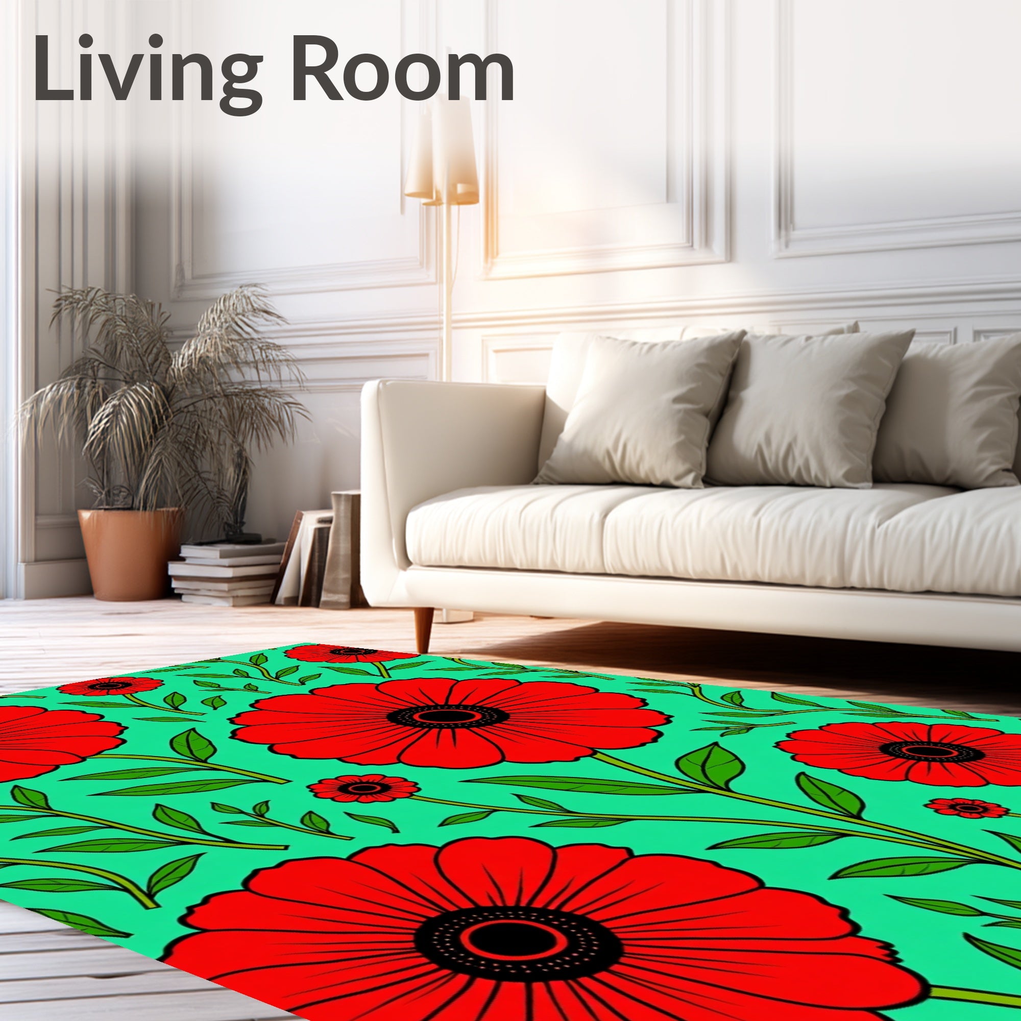 Bold Red Flower Foliage Surface Rug