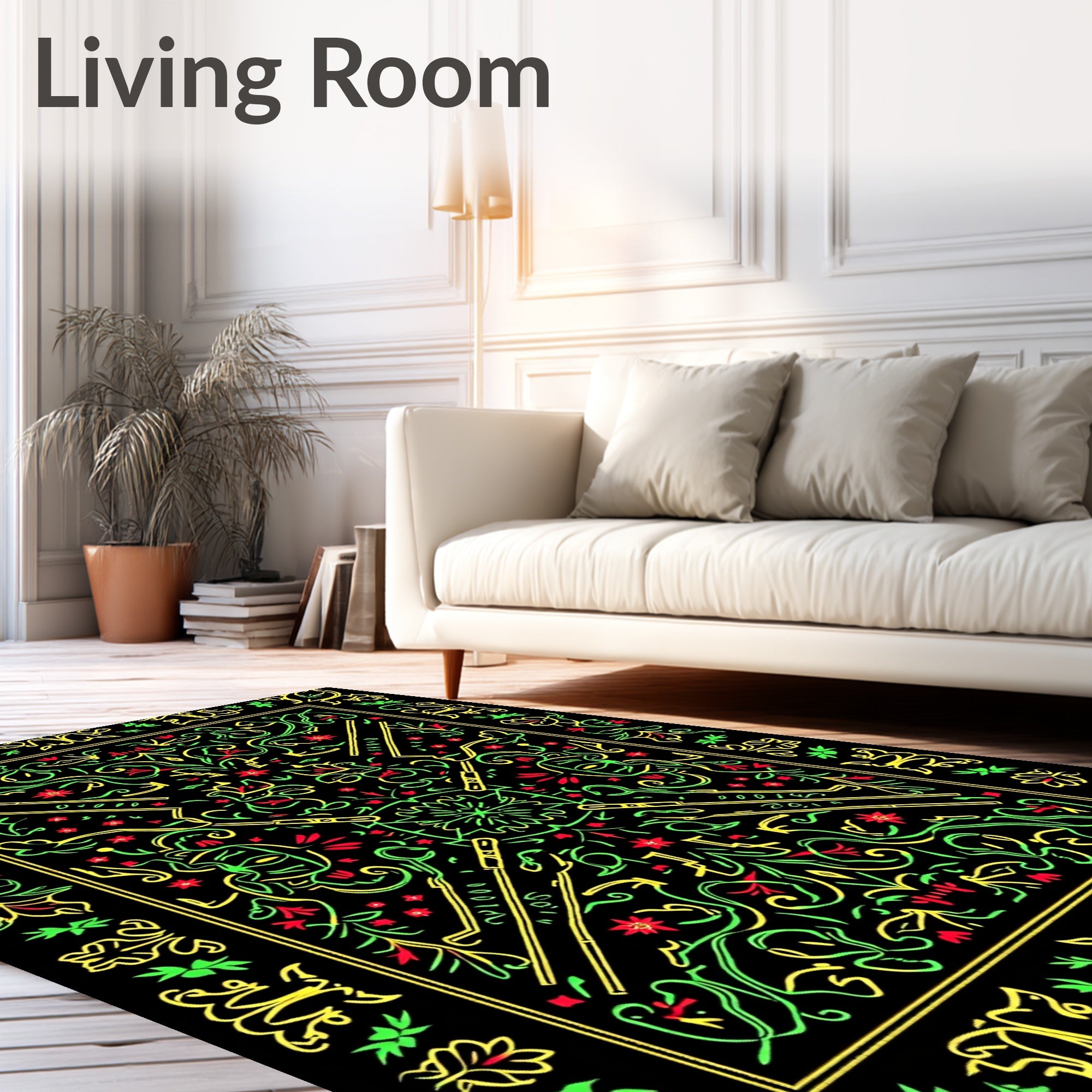 Vivid Red Green Yellow Ornate Scroll Rug