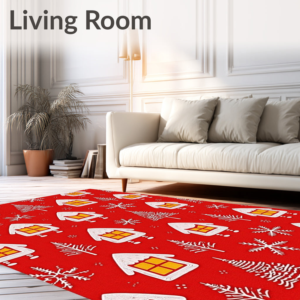 Red Gingerbread Houses and Trees Rug