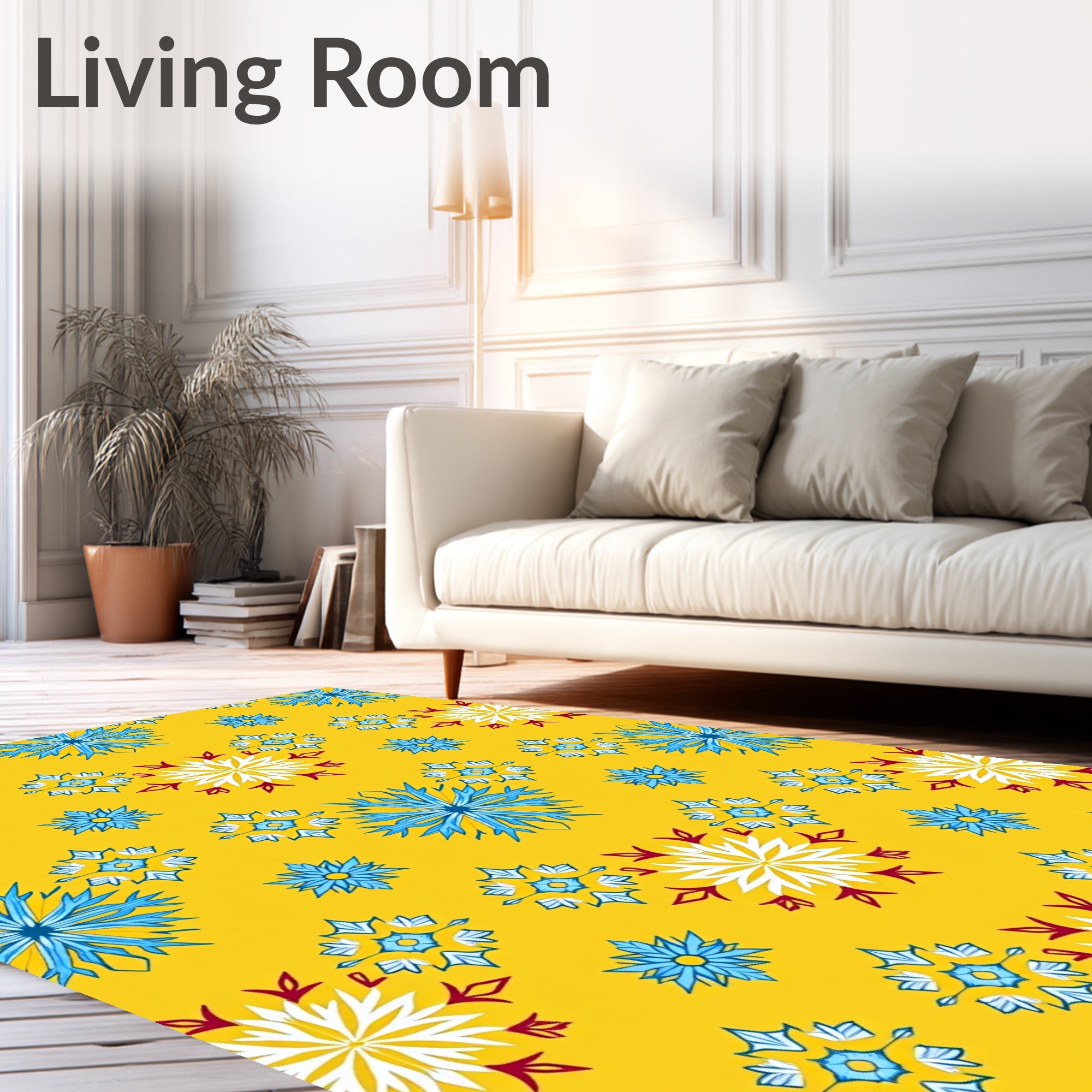 Golden Yellow Snowflakes Blue White Accents Rug