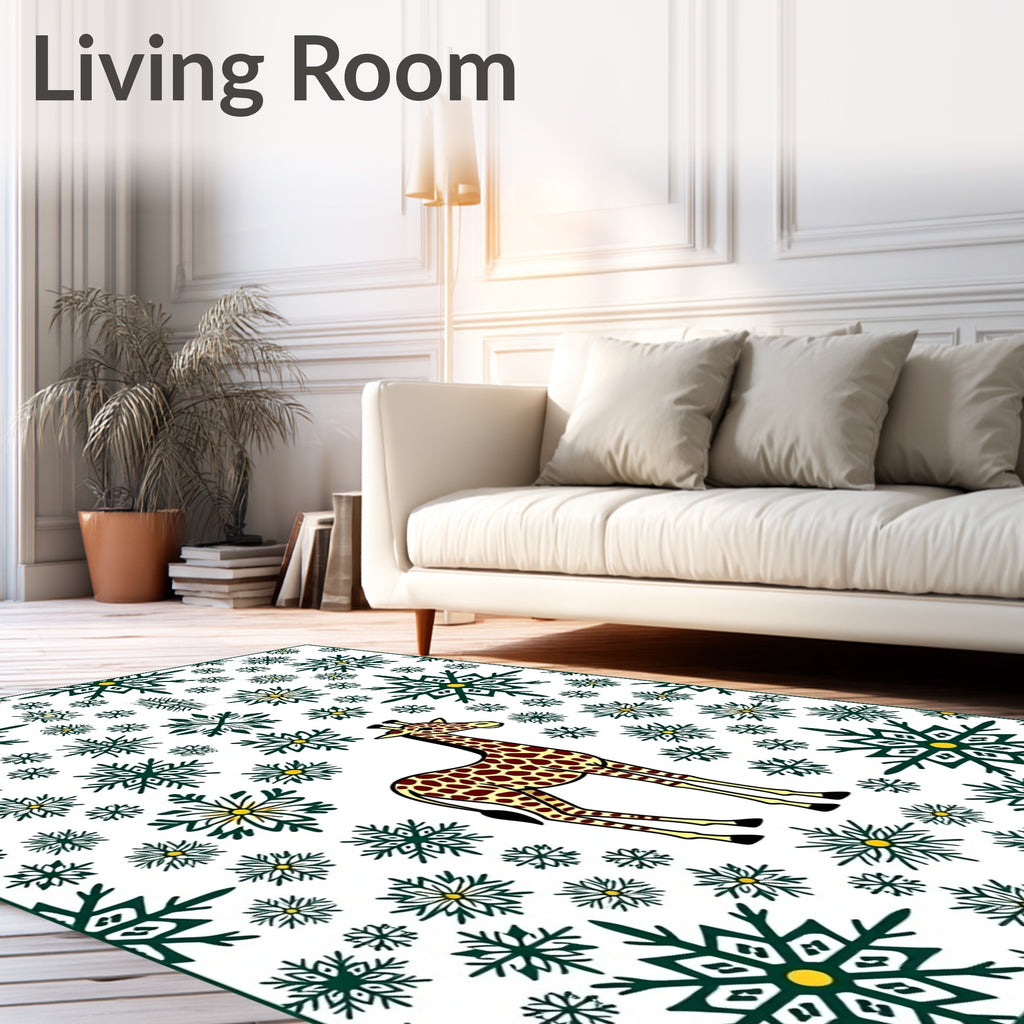 Giraffe Amidst Green Snowflake Whirl Rug