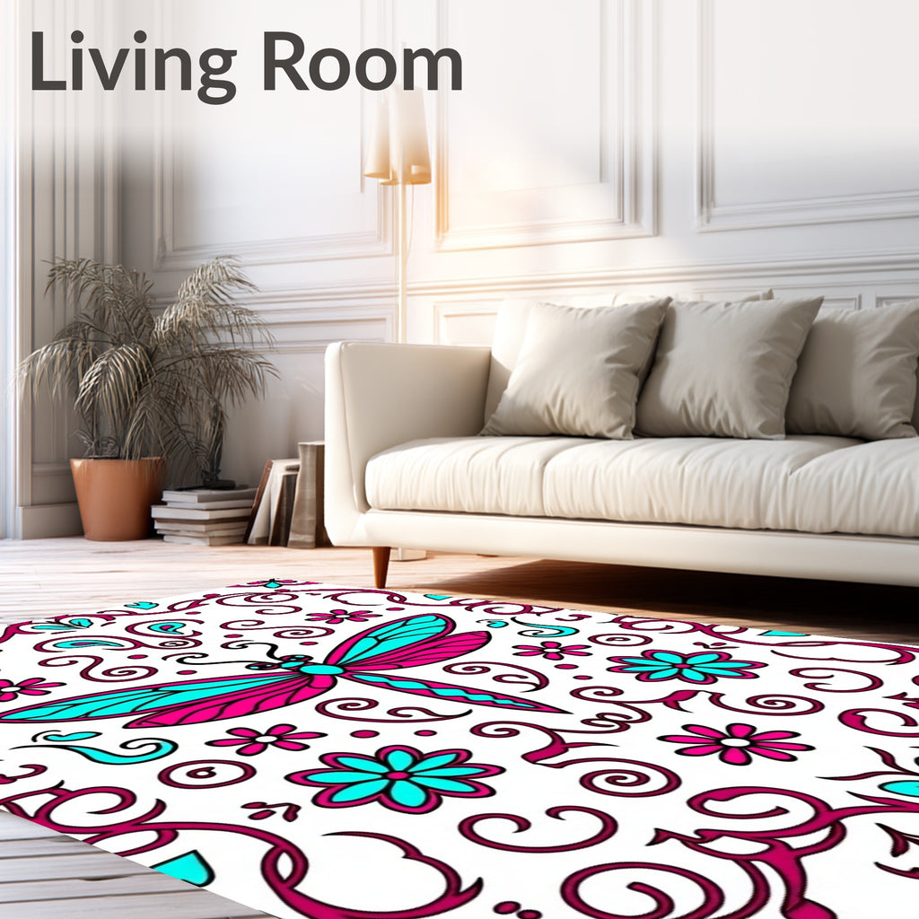 Hot Pink Turquoise Dragonfly Floral Scroll Rug