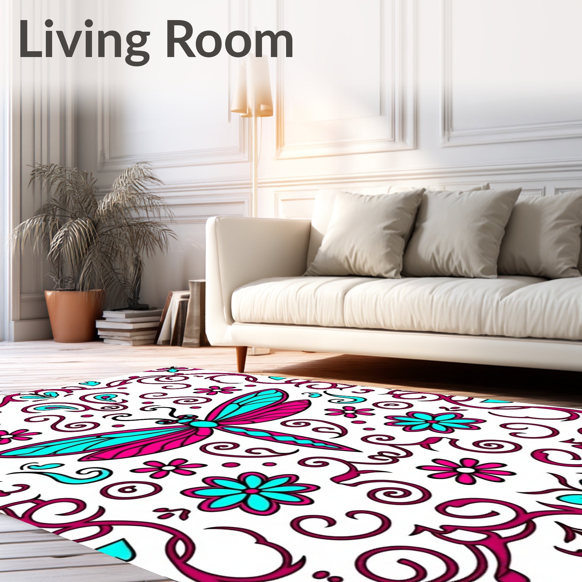 Hot Pink Turquoise Dragonfly Floral Scroll Rug