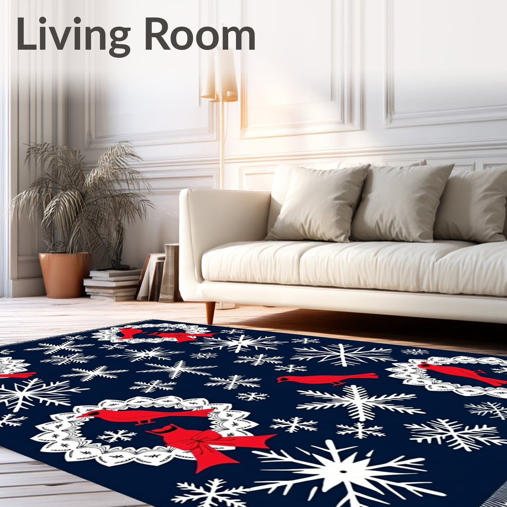 Red Cardinal Snowflake Wreath Navy Rug