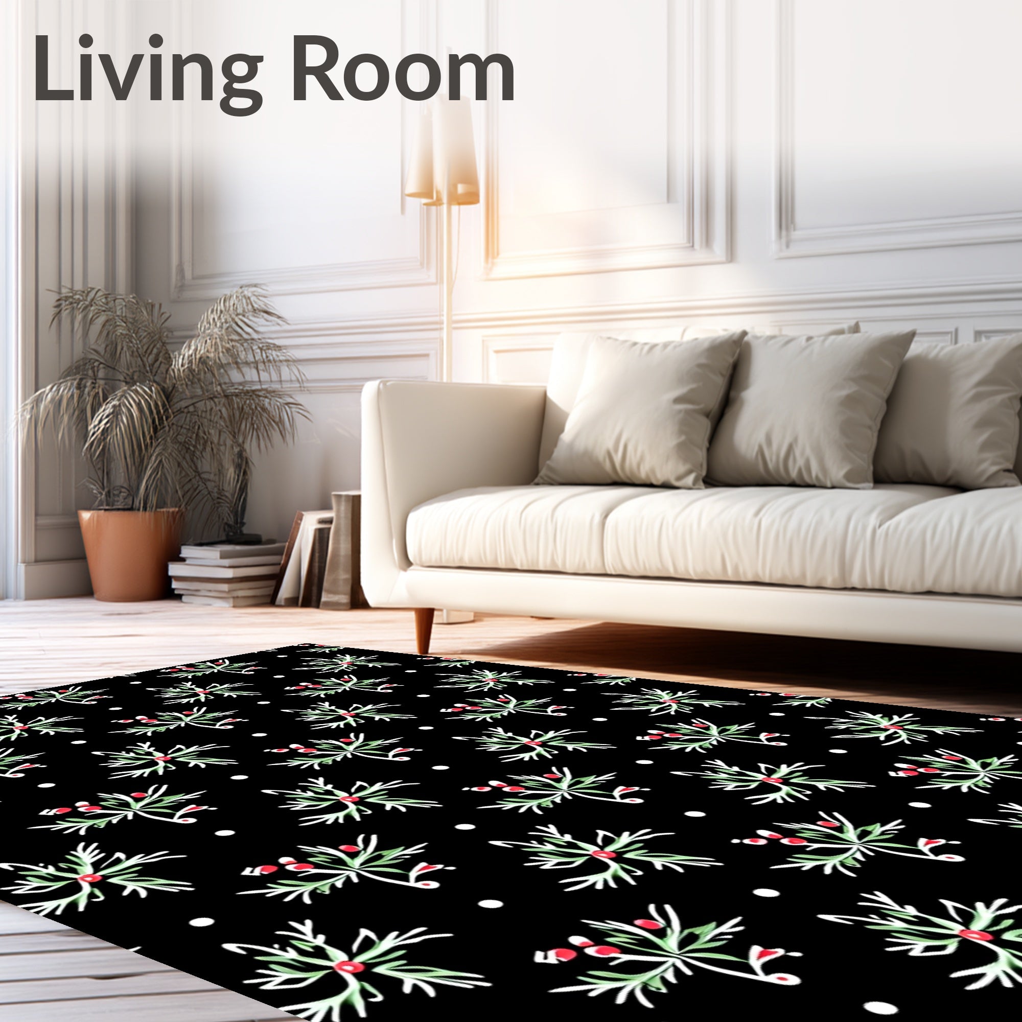 Ornate Leaf Berry Scattered Black Rug