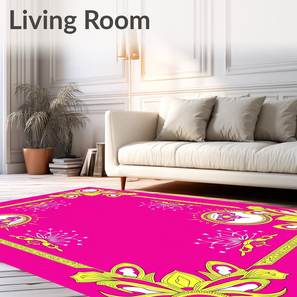 Vibrant Pink Yellow Floral Border Rug
