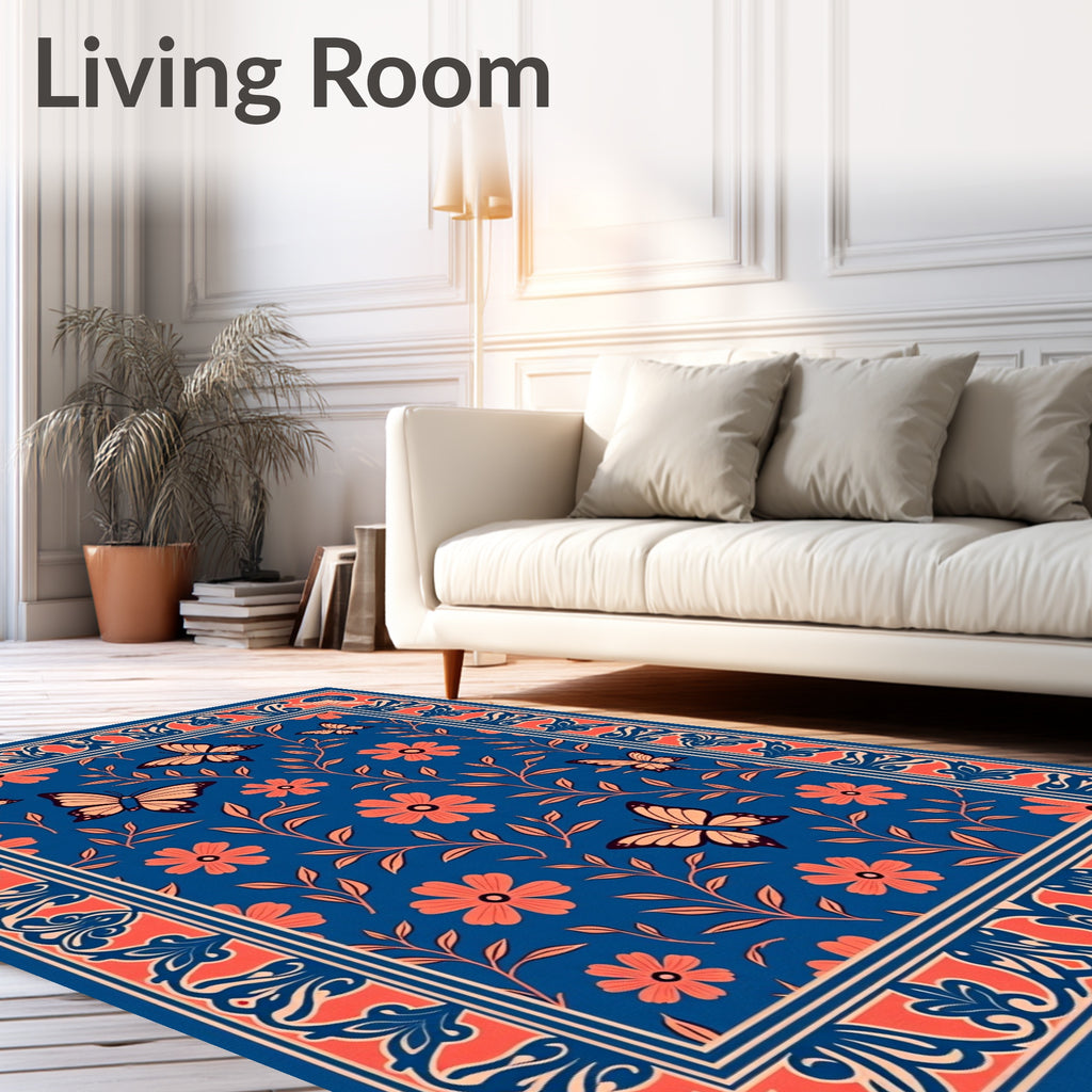 Coral Butterflies Blue Floral Garden Rug
