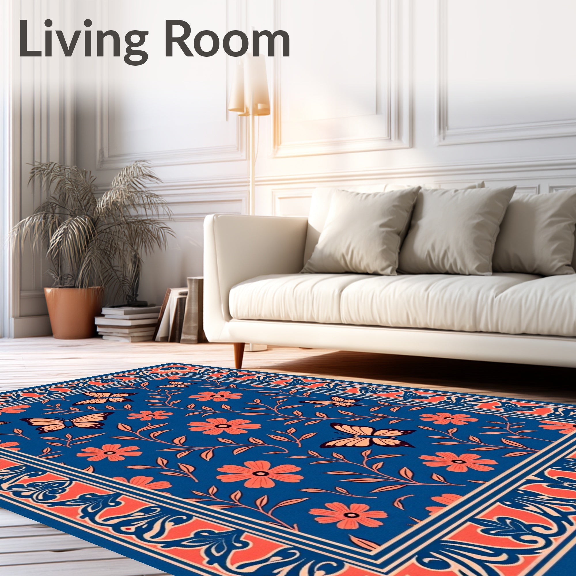 Coral Butterflies Blue Floral Garden Rug