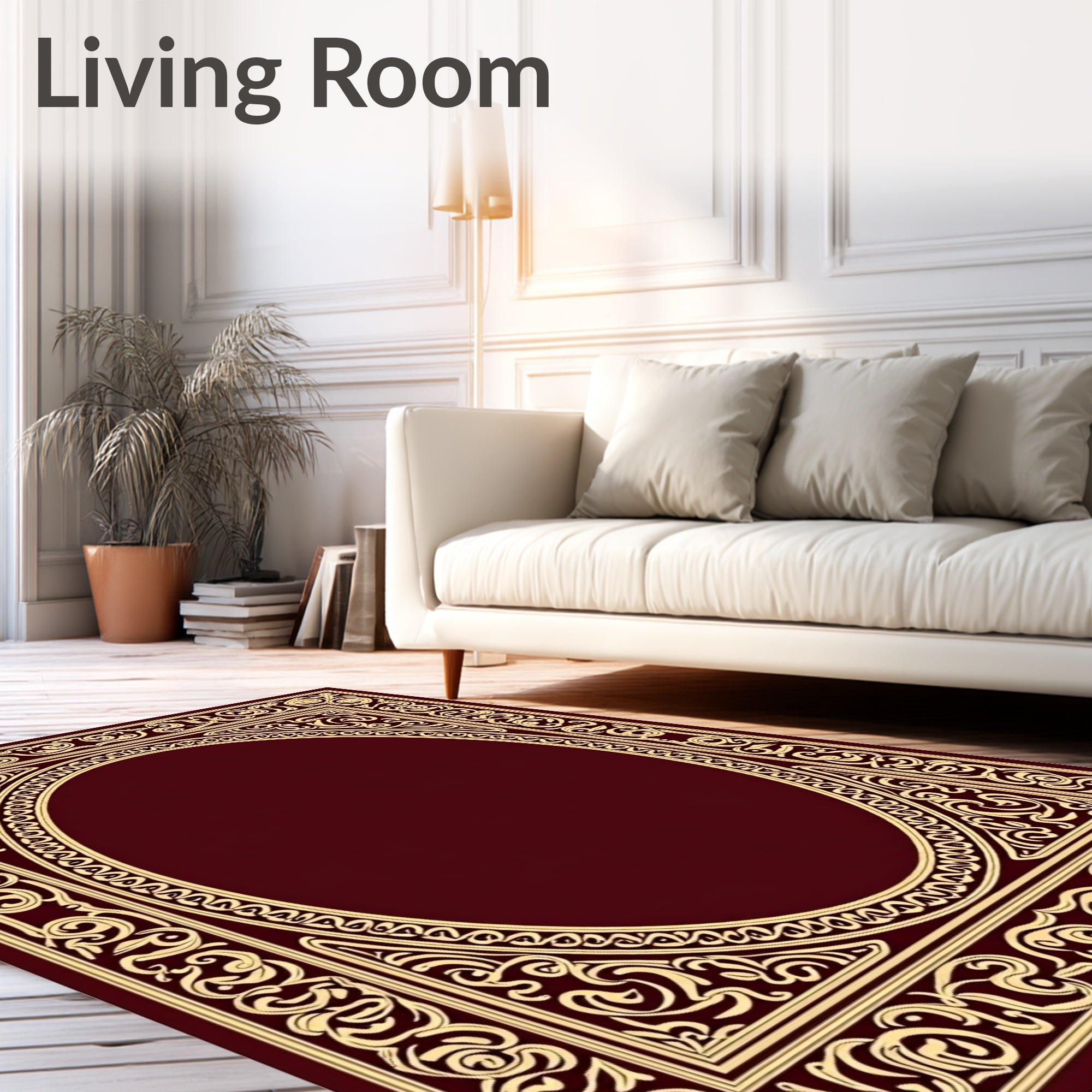 Ornate Maroon Gold Scroll Frame Rug