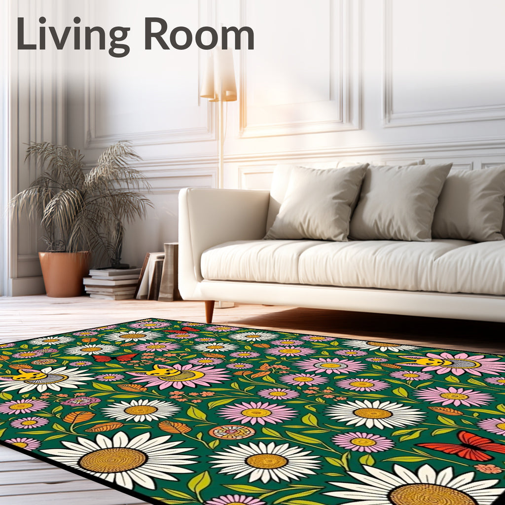 Whimsical Floral Cat Butterfly Meadow Rug