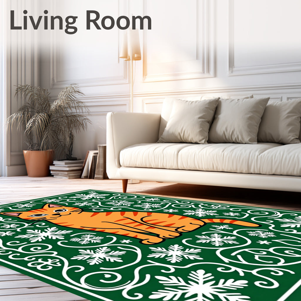 Orange Cat Snowflakes Green Swirls Rug