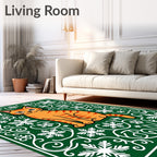 Orange Cat Snowflakes Green Swirls Rug