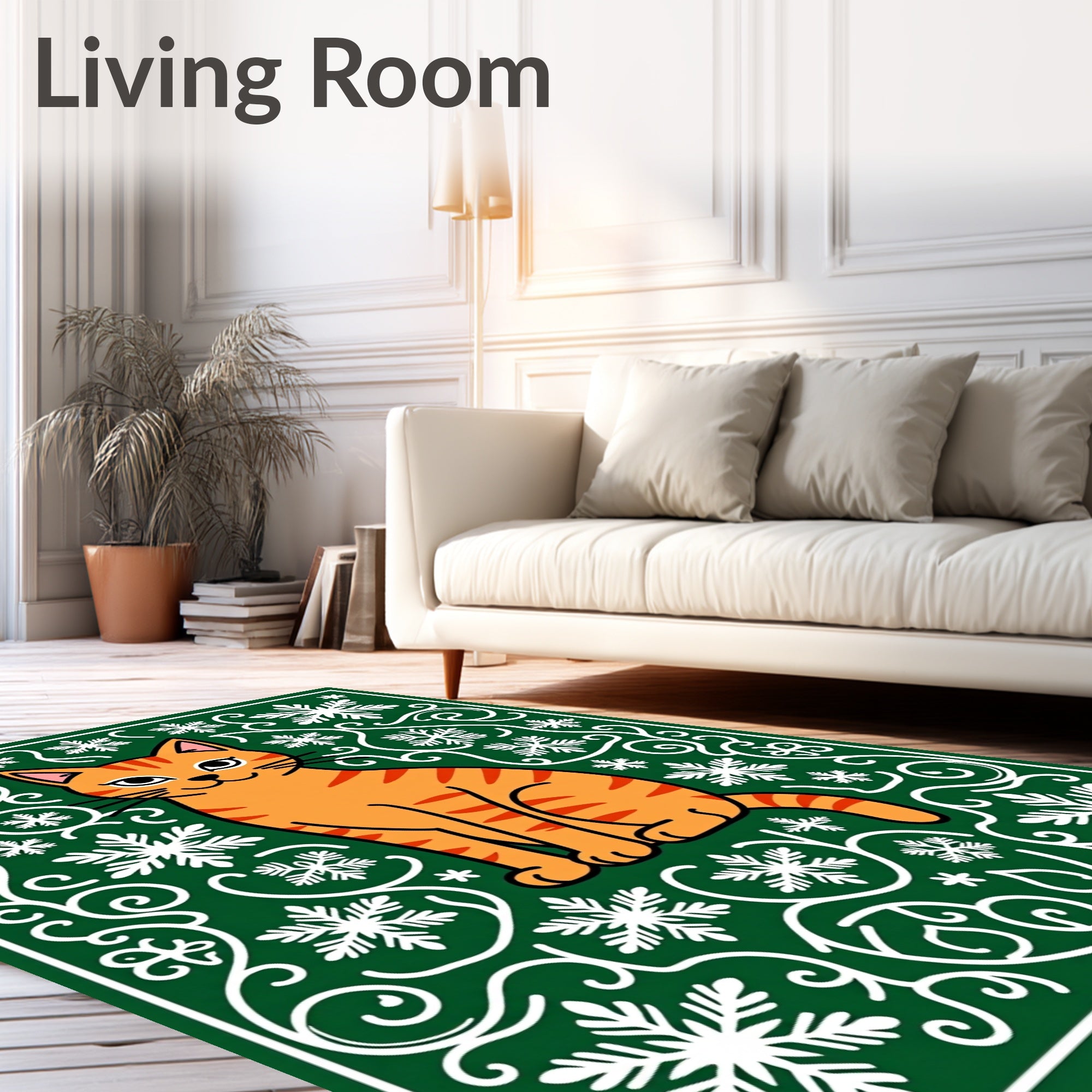 Orange Cat Snowflakes Green Swirls Rug