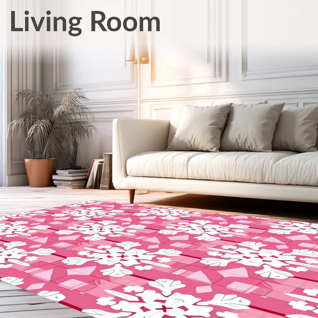 Pink White Snowflake Geometric Overlay Rug