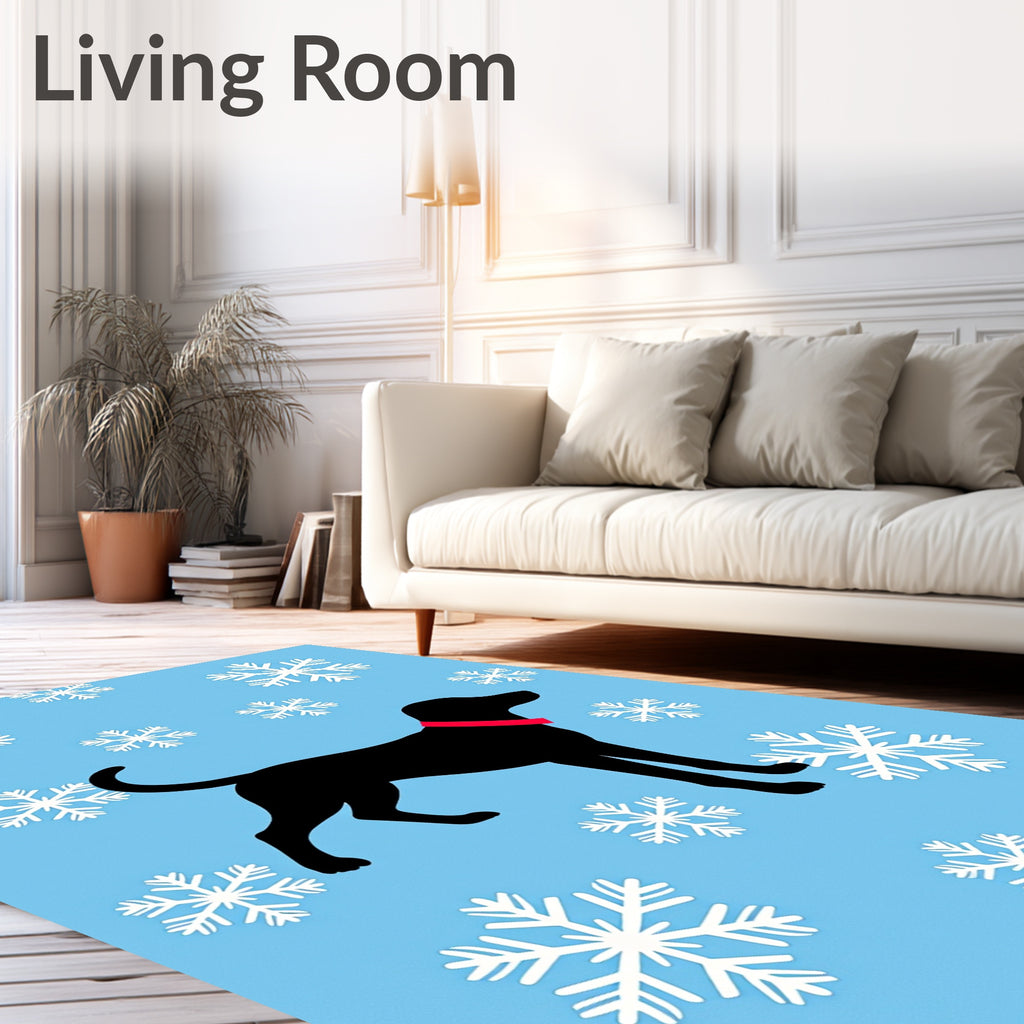 Black Dog Snowflakes Sky Blue Accents Rug