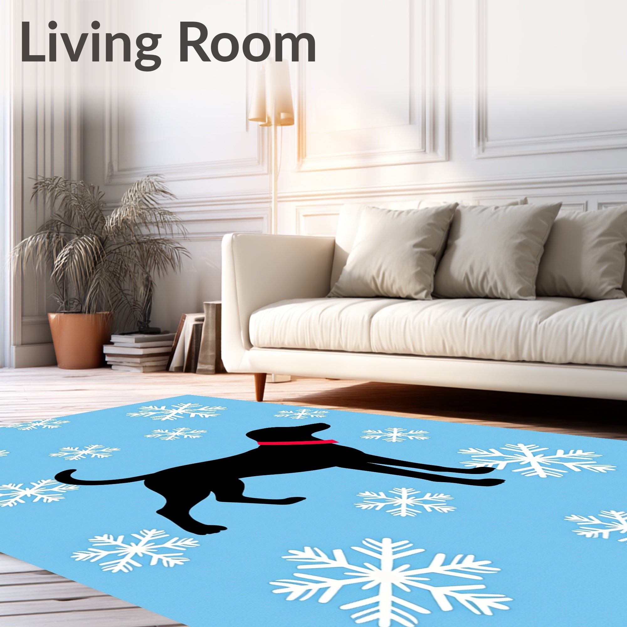 Black Dog Snowflakes Sky Blue Accents Rug