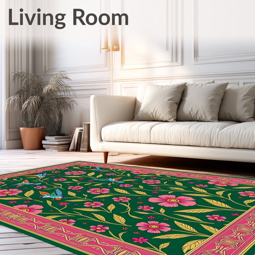 Emerald Green Hummingbird Floral Garden Rug
