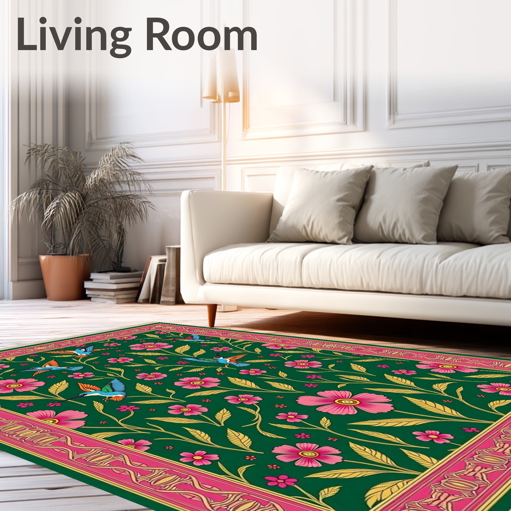 Emerald Green Hummingbird Floral Garden Rug