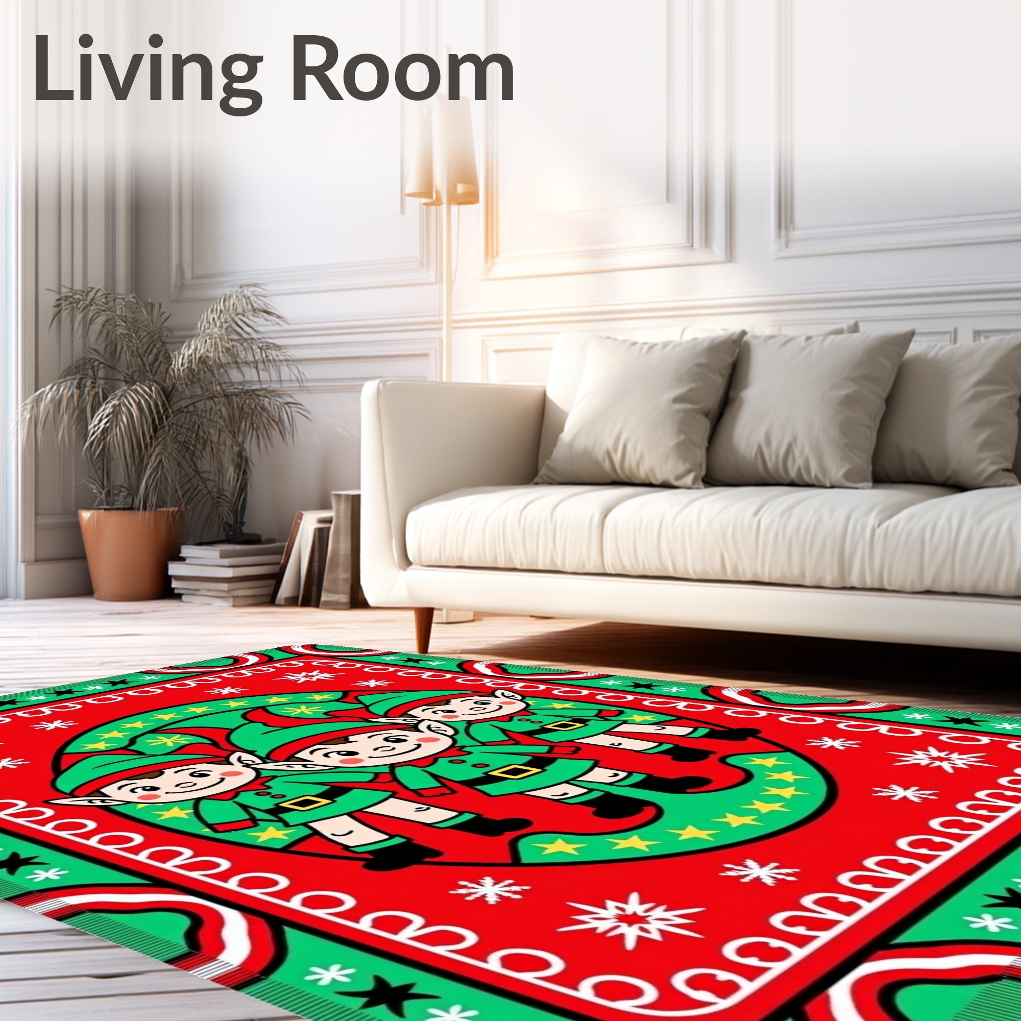 Christmas Elves Red Green Stars Rug