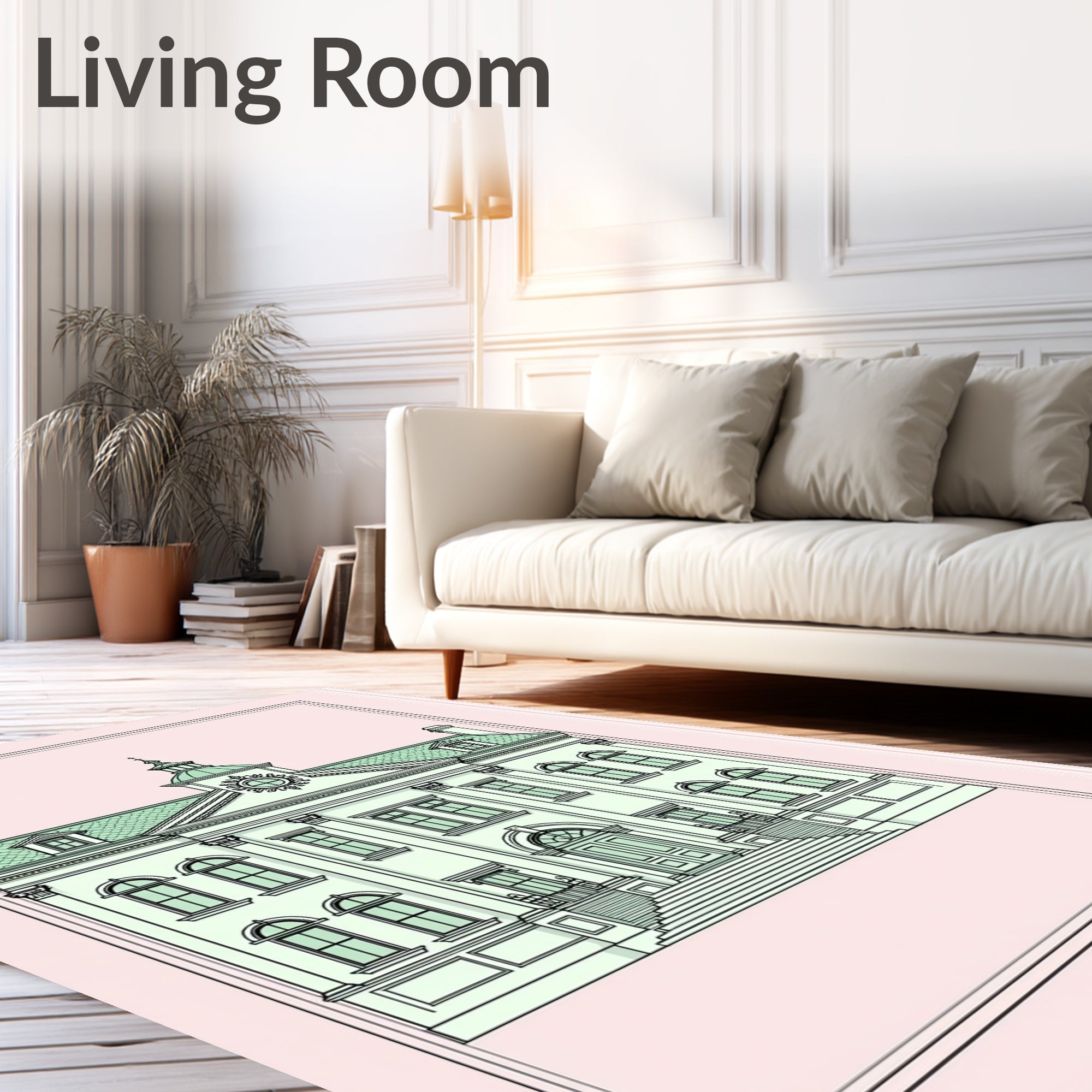 Neoclassical Building Mint Green Outline Rug