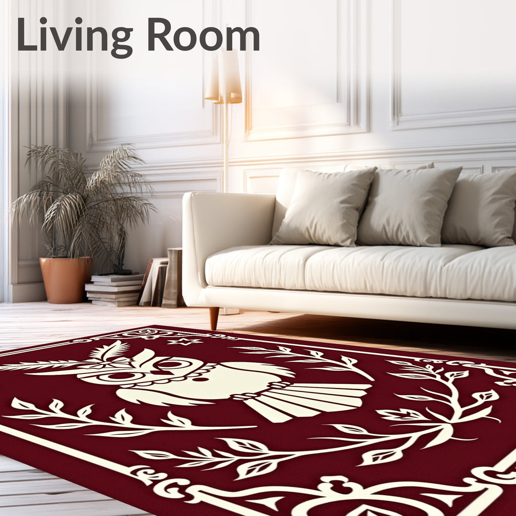 Deep Crimson Owl Whimsy Border Rug