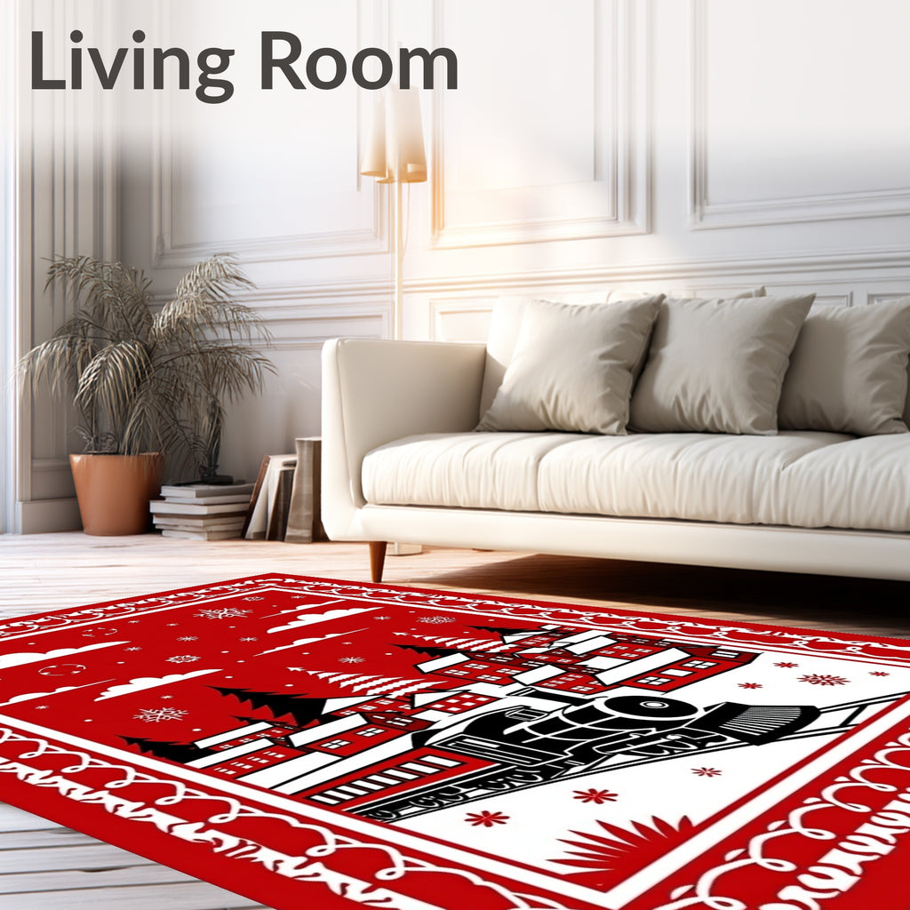Crimson Winter Village Train Scene Rug