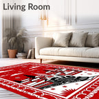 Crimson Winter Village Train Scene Rug