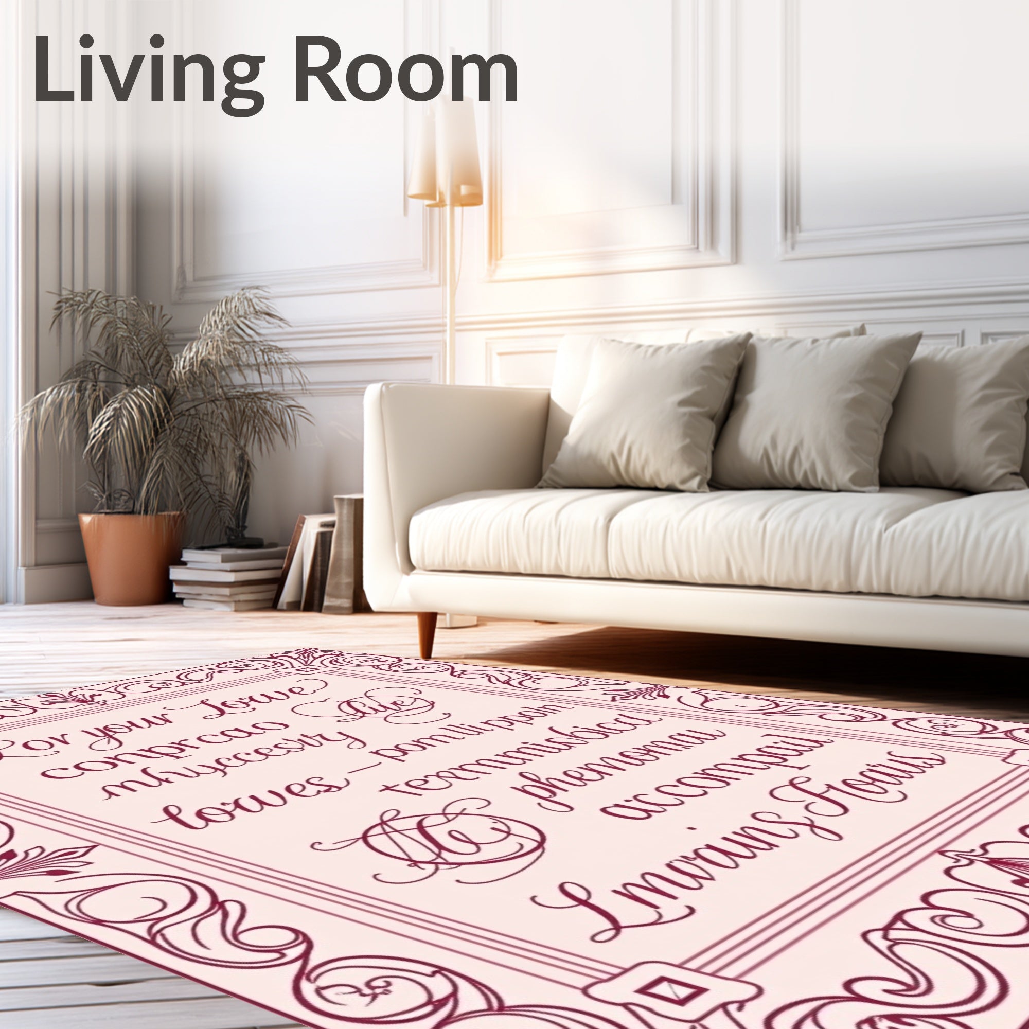 Elegant Burgundy Script Floral Border Rug