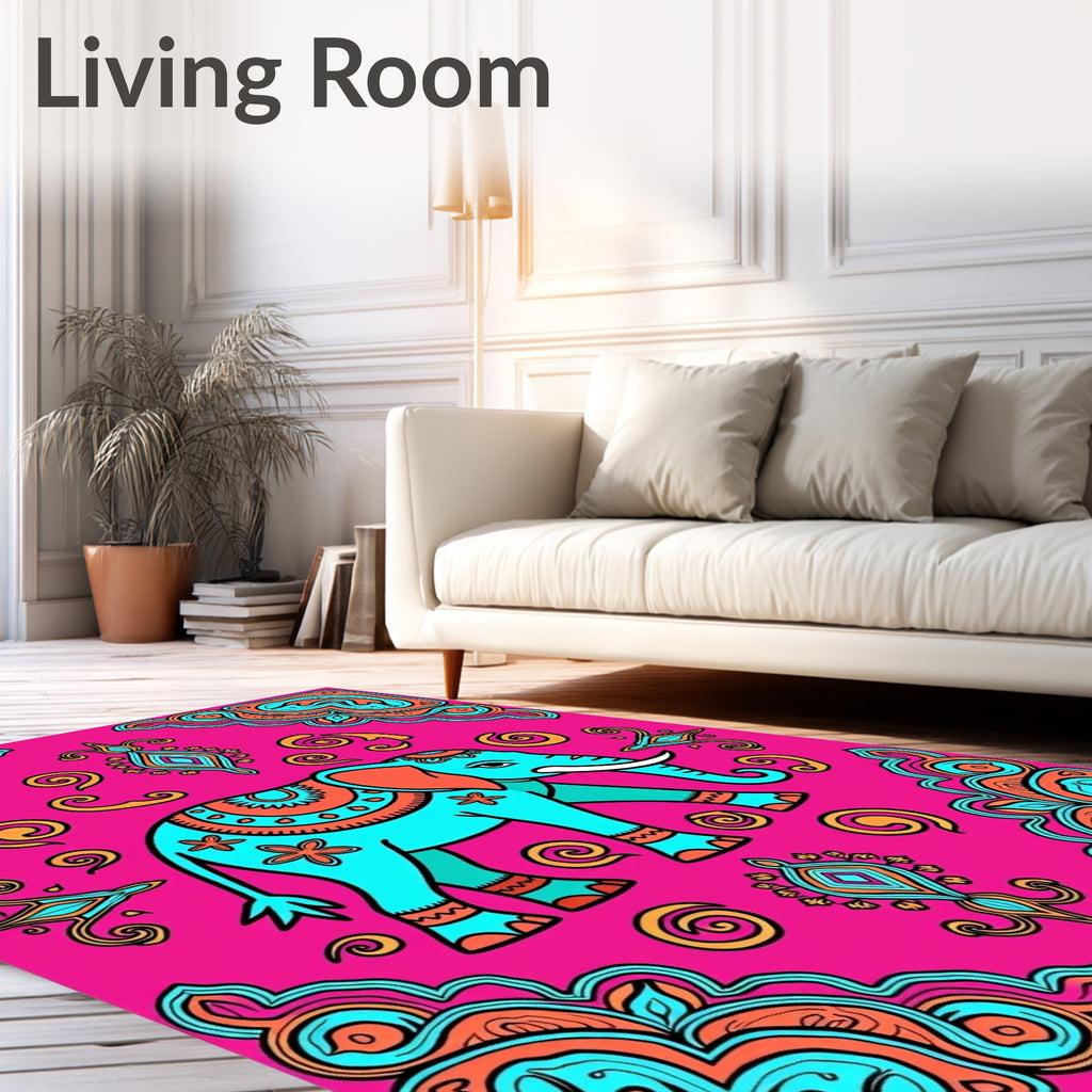 Ornate Teal Elephant Pink Swirl Border Rug