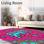 Ornate Teal Elephant Pink Swirl Border Rug