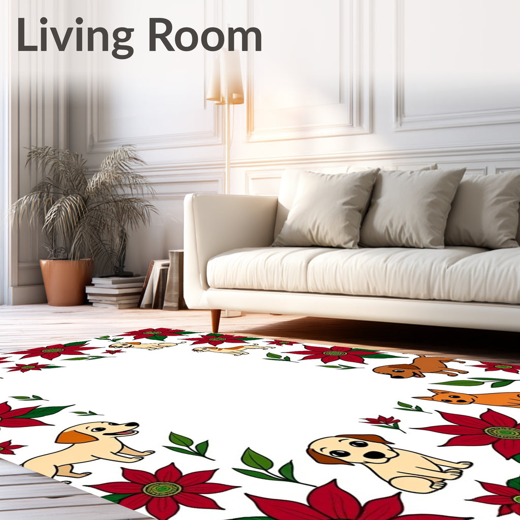 Red Floral Dogs Whimsical Border Rug