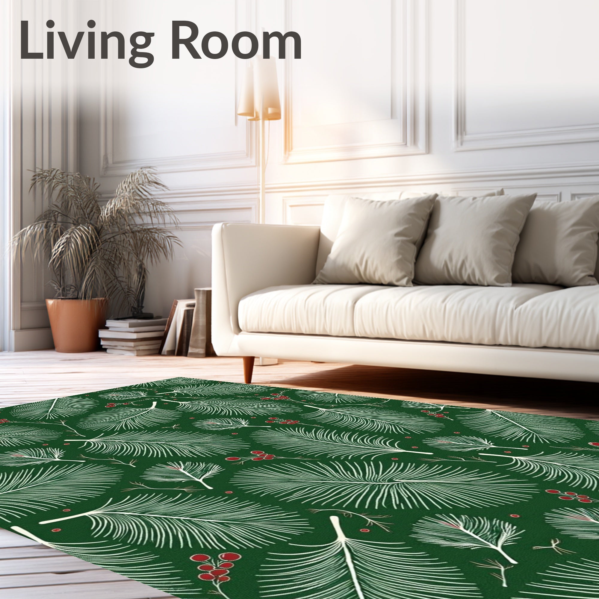White Pine Needles Red Berries Green Rug