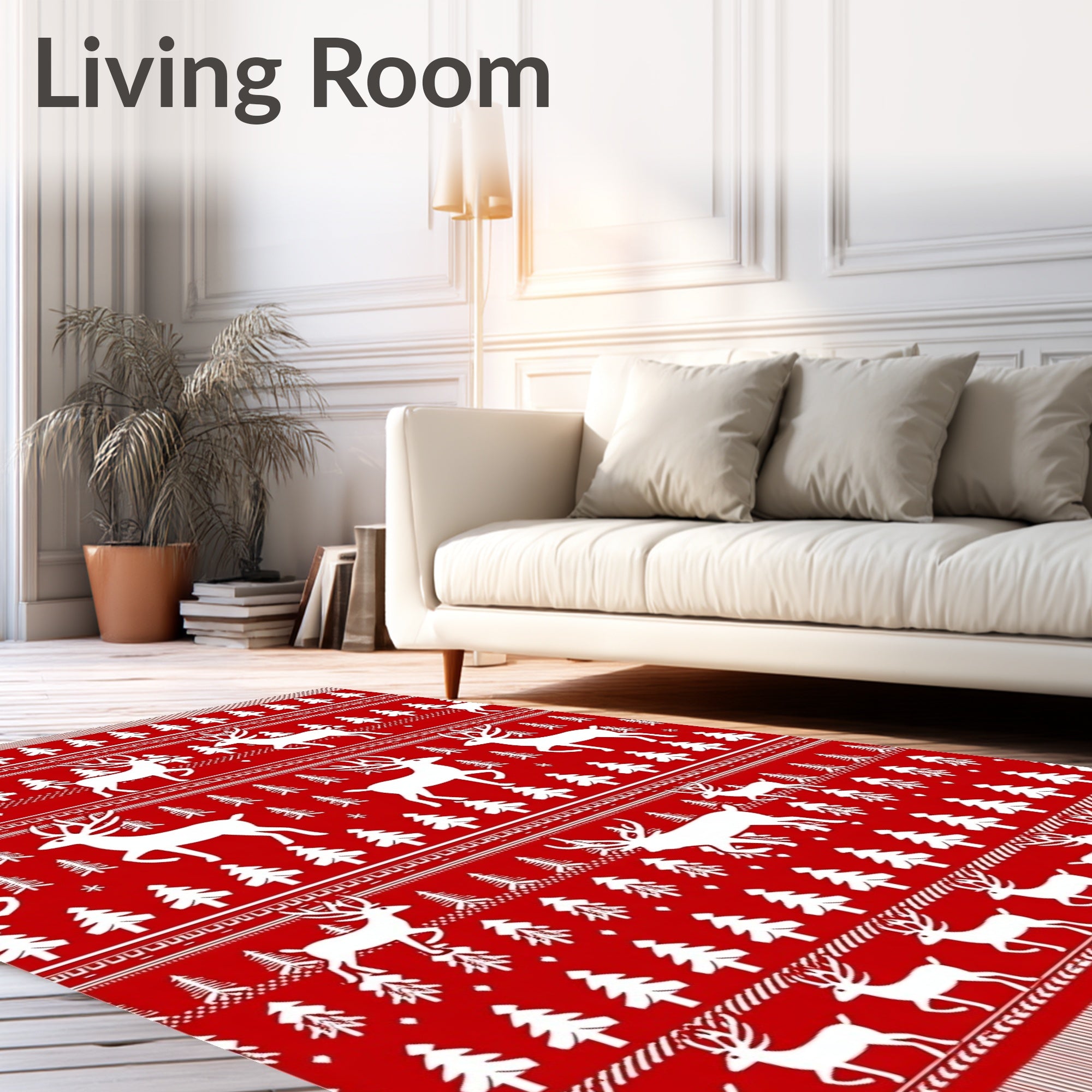 Festive Red White Reindeer Forest Rug